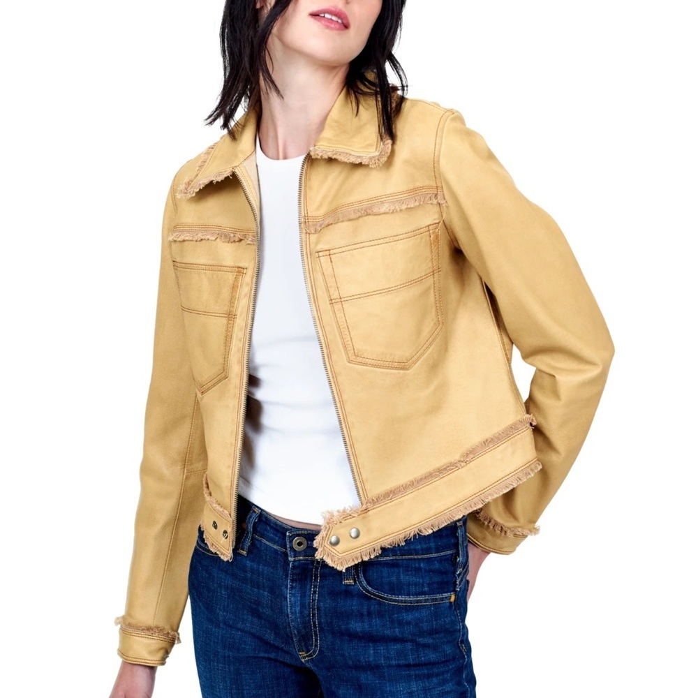 Jakett Hayden Vintage Style Tan Leather Jacket with Fringe Accents size S